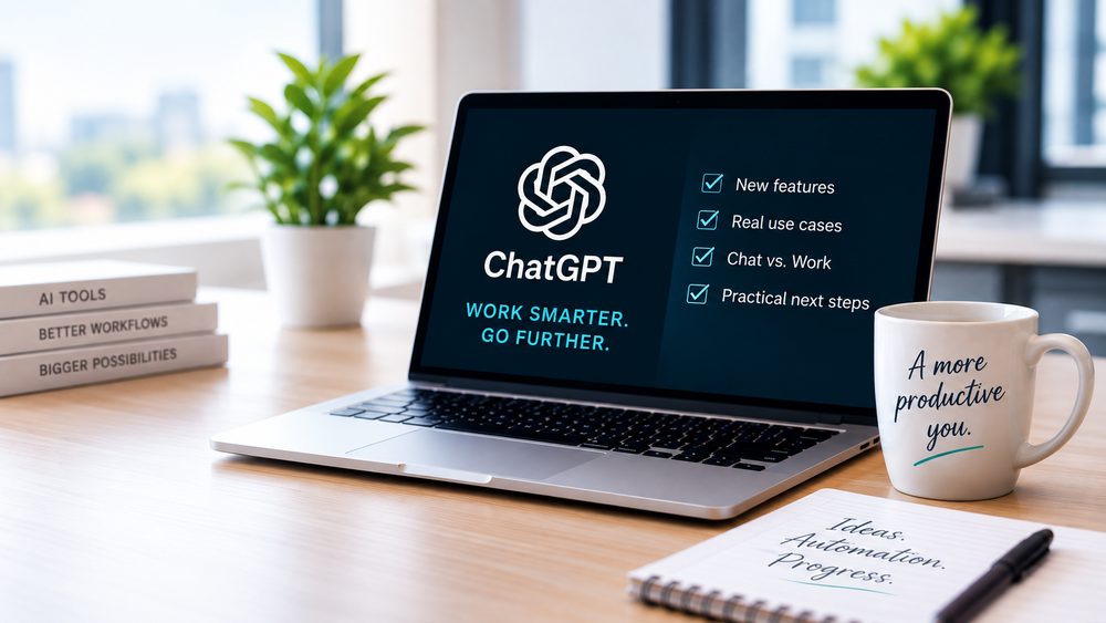 A laptop displaying the ChatGPT Work Mini-Class agenda: new features, real use cases, chat versus work, and practical next steps.