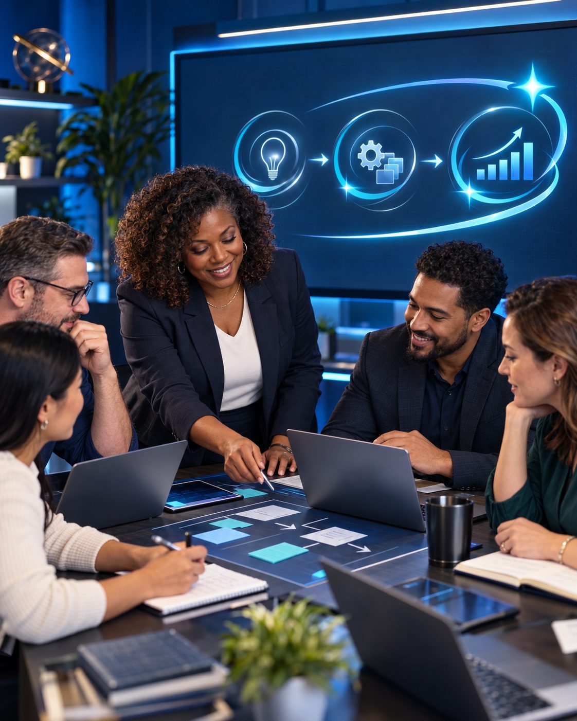A Prime AI Academy facilitator smiling and pointing to a workflow diagram while four adult learners collaborate around a table with laptops and notebooks, beneath a screen showing an idea-to-workflow-to-growth progression.